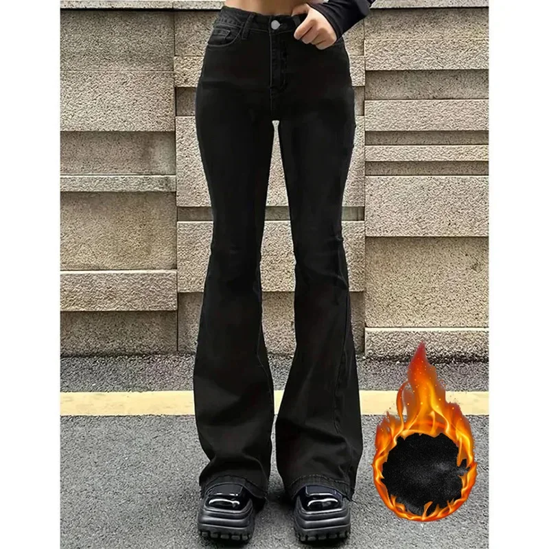 Winter Lady Fashion High Waist Plush Thermal Jeans Girls Classic Solid Fleece Trousers Women Korean Thin Denim Flared Pants