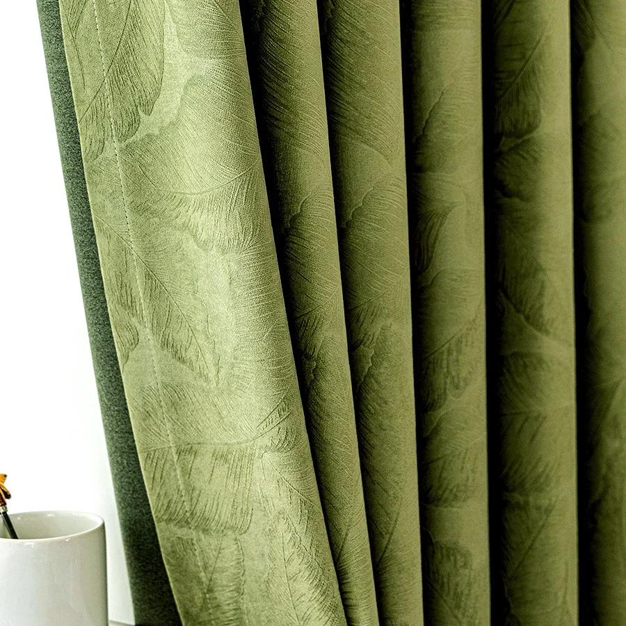 Modern Olive Green Blackout Curtains Light Luxury Velvet Leaf Embossed Drapes In Living Room Villa Home Decor JD258