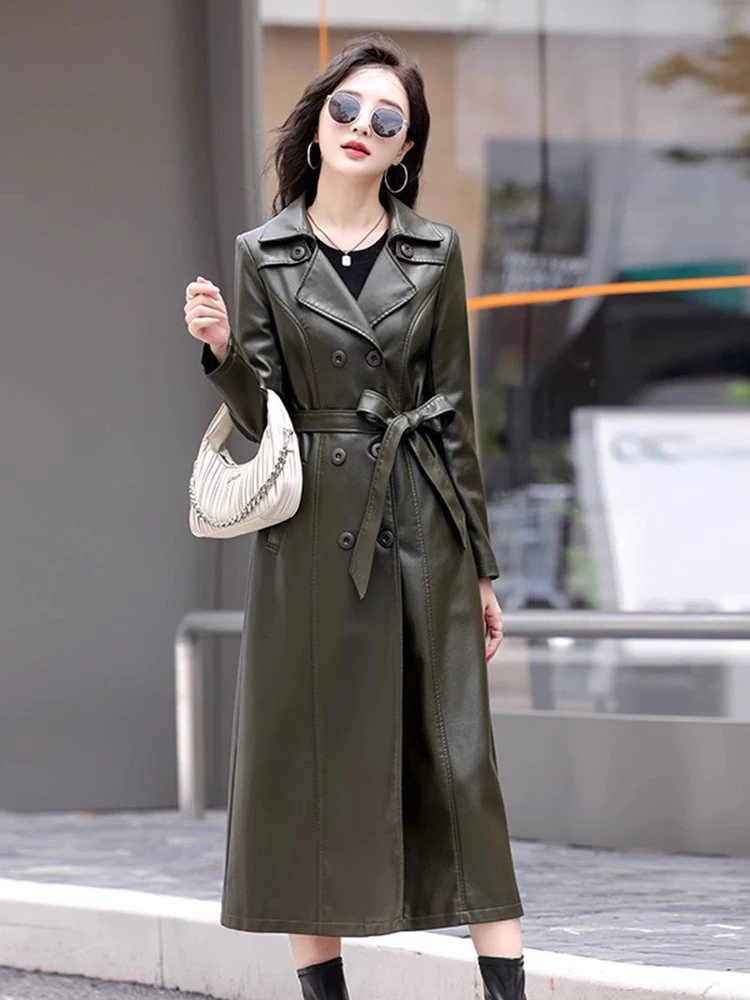 Women Long Leather Coat Autumn Winter Fashion Turn-down Collar Double Breasted Slim Trench Coat Split Leather Casual Overcoat