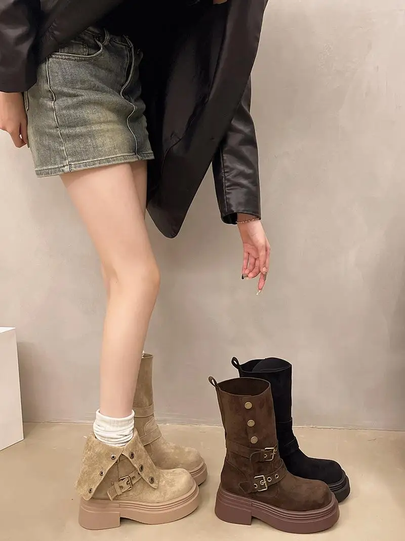 Briti Sle أحذية نسائية بكعب ثي اتجاهين ارتداء ort أنبوب الأحذية ربيع الخريف زيادة Faion المطاط وحيد