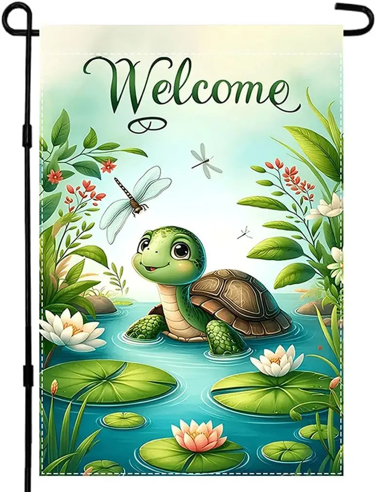 CHAONENG Welcome Spring Summer Green Floral Welcome Garden Flag 12x18 Inch Double Sided Outside Turtle Dragonfly Seasonal Fa uui