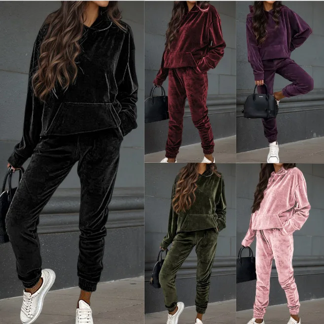 Herbst Winter Samt Trainingsanzug Set Elegante Weiche Tasche Pullover Top Weibliche Lose Sweatsuit Hosen Anzug Zwei Stück Set Outfits