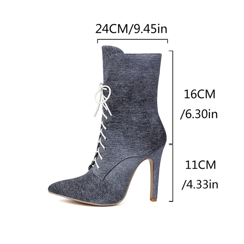 ORCHALISA Fashion Female Shiny Ankle High Boots Pointed Toe Ultrahigh Heels 11cm Strap UP Big Size 46 47 48 Sexy Wedding Bota