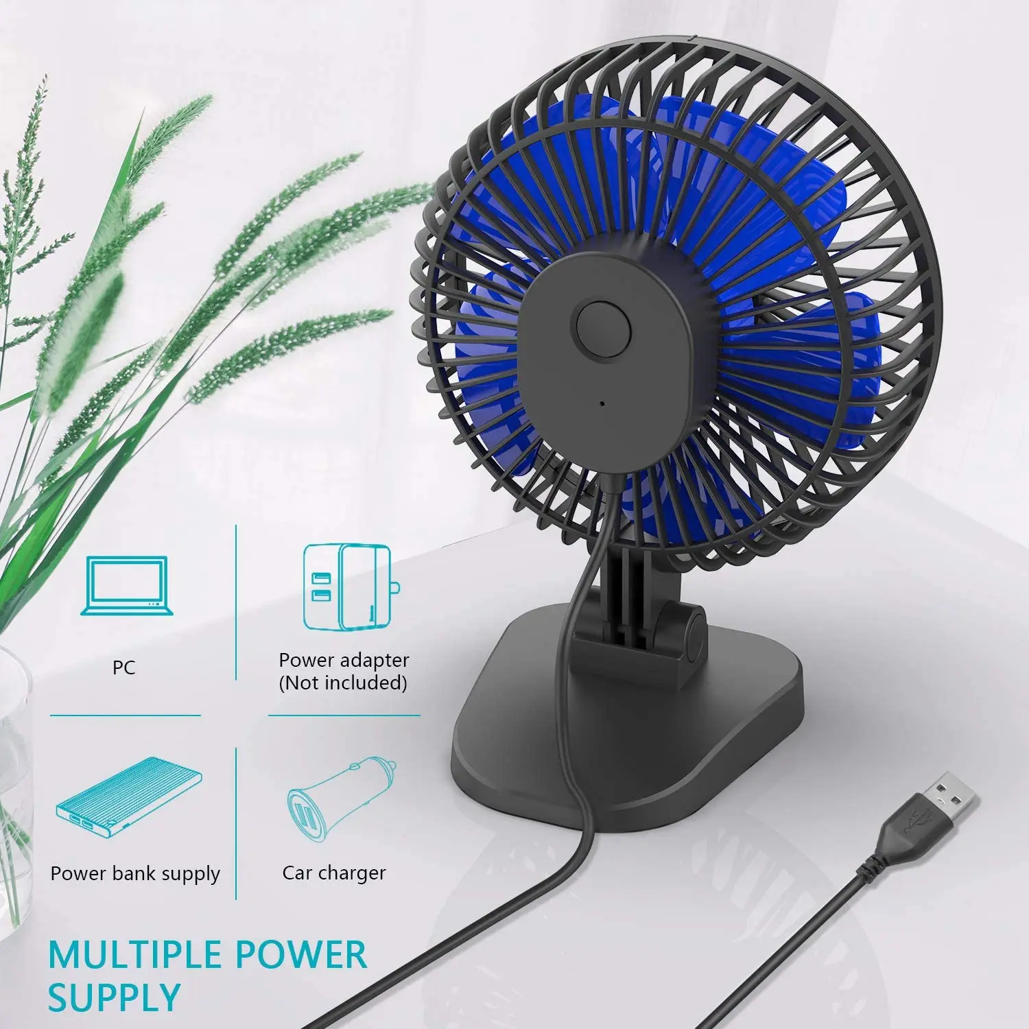 Mini USB Desk Fan Better Cooling Perfect,Strong Airflow Whisper ventola portatile silenziosa per tavolo da ufficio Desktop, 3 velocità, cavo da 4.9