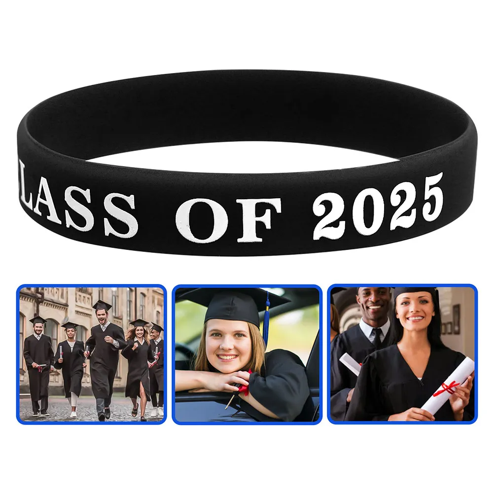 10Pcs Silicone Party Wristbands Rubber Bracelets Graduation Class of 2025 for Women Men Teen Event Favors Black