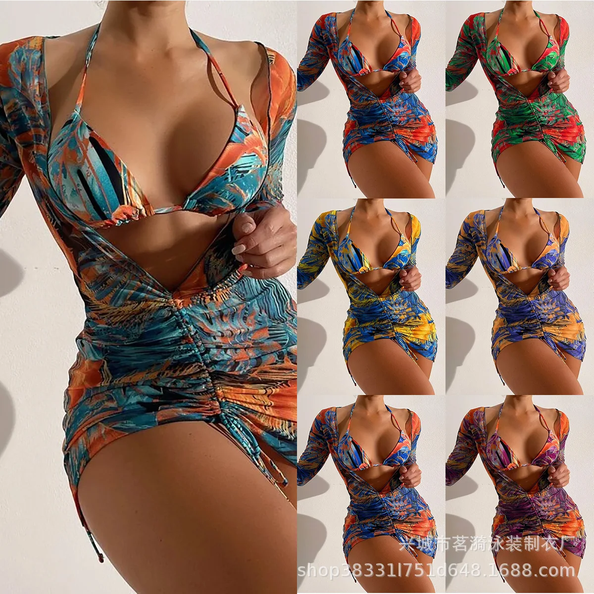 

Bathing Suit Women Fashion European And American Bikini Sexy Bikini Swimwear Printed Mesh Blouse Three-piece Women's Swimsuit