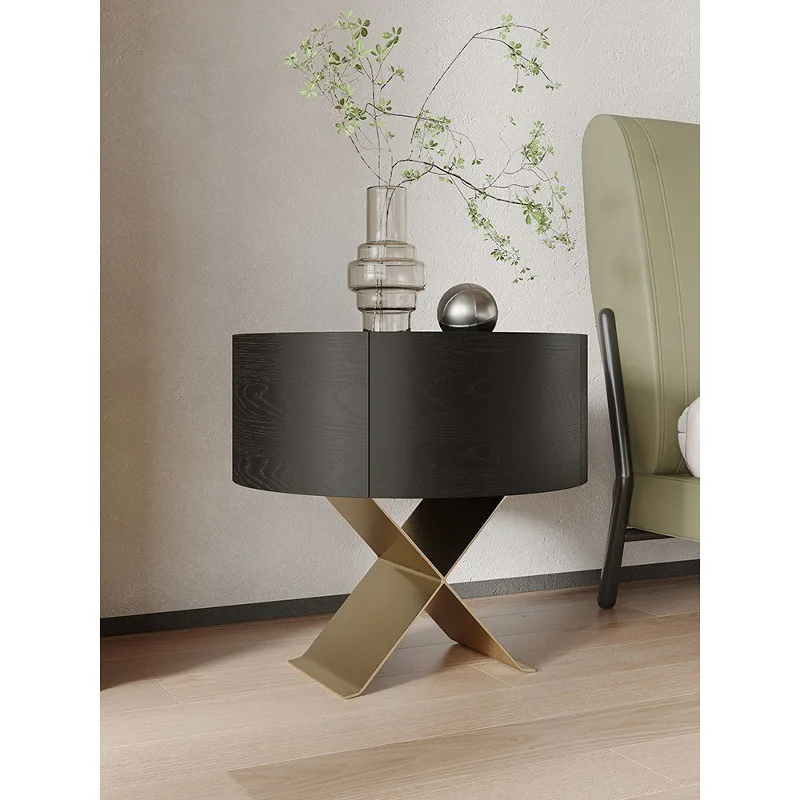 French Vintage Round Nightstand  Small Bedroom & Hotel Storage With Drawer Smoked Wood Veneer Finish