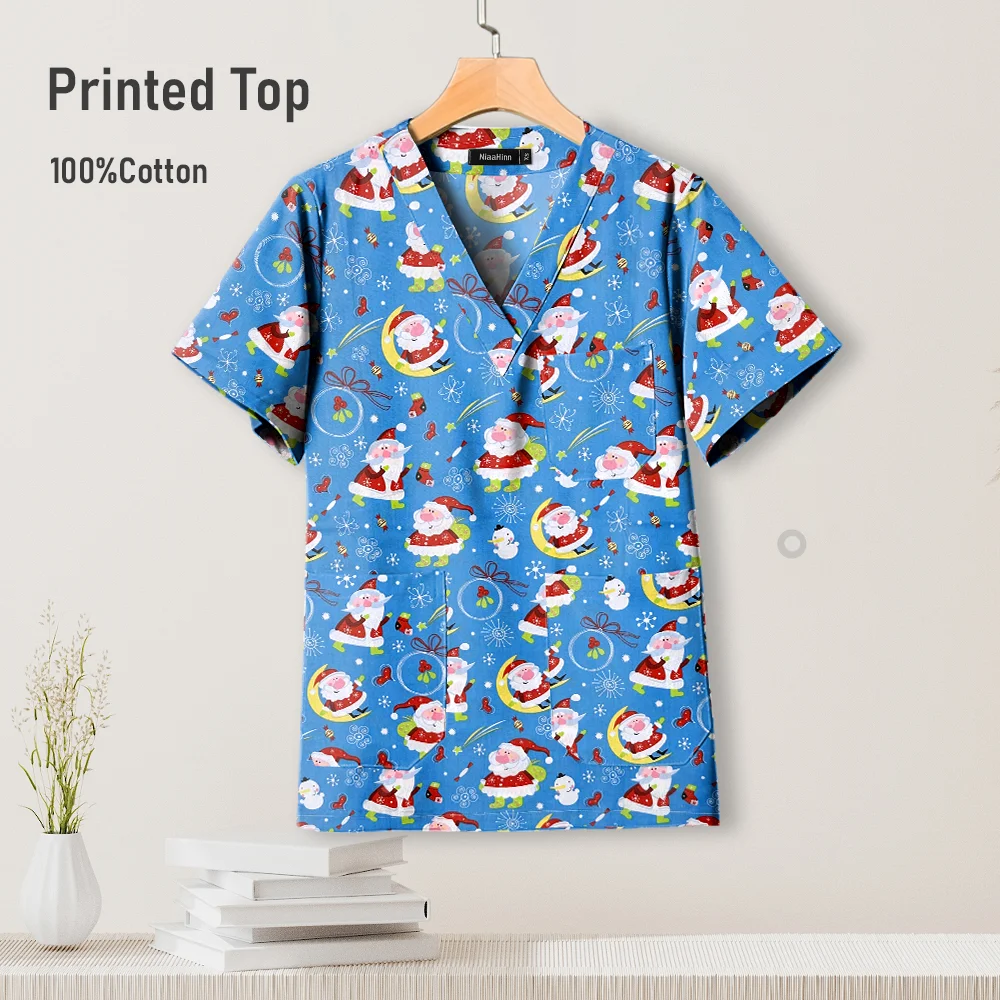 Unisex Veterinary Dental Work Uniforms Cartoon Printed Cotton Short Sleeved Shirt Nursing Beauty Salon Clothing Women Mens Scrub