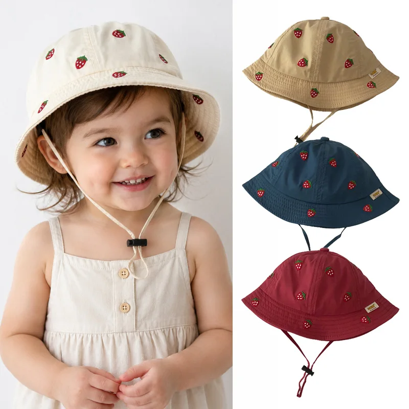 

Summer Baby Bucket Hat Strawberry Embroidery Kids Sun Hats UV Protection Travel Toddler Beach Hat Infant Panama Cap 5-24M