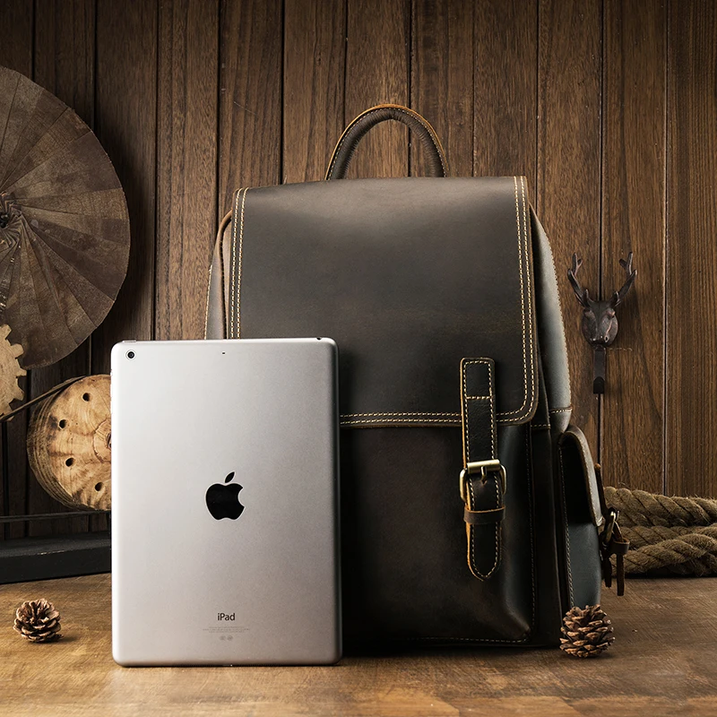 حقيبة ظهر رجالية من الجلد من كريزي هورس مصنوعة من الجلد الطبيعي بسعة كبيرة للكمبيوتر المحمول وسحاب حقيبة كتف من جلد البقر القديم