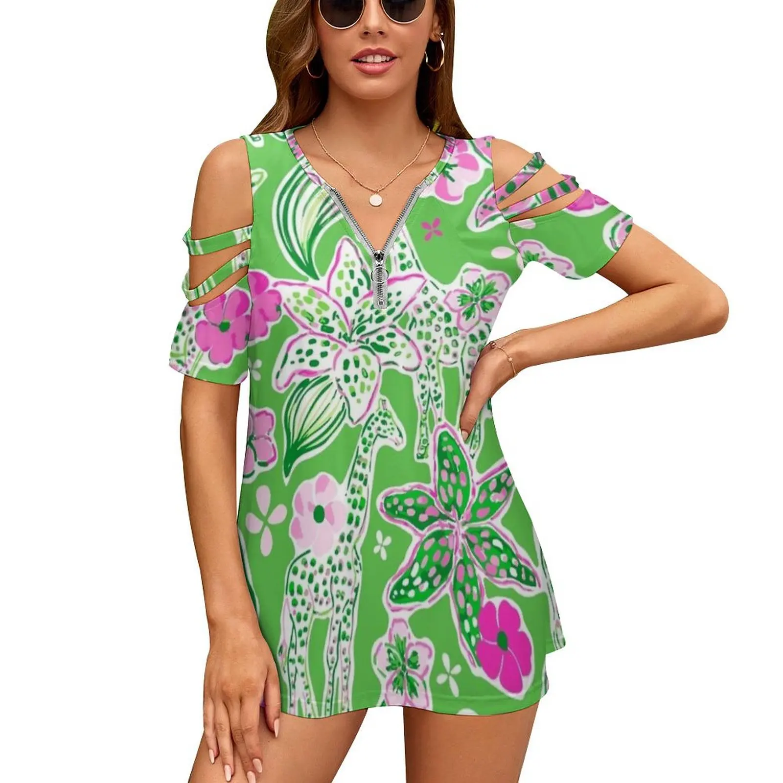 Preppy Pink Lime Green Giraffe Pattern Women's T-Shirt New Fashion Printed Zipper V-Neck Short Sleeve T Shirts Casual Plus Size