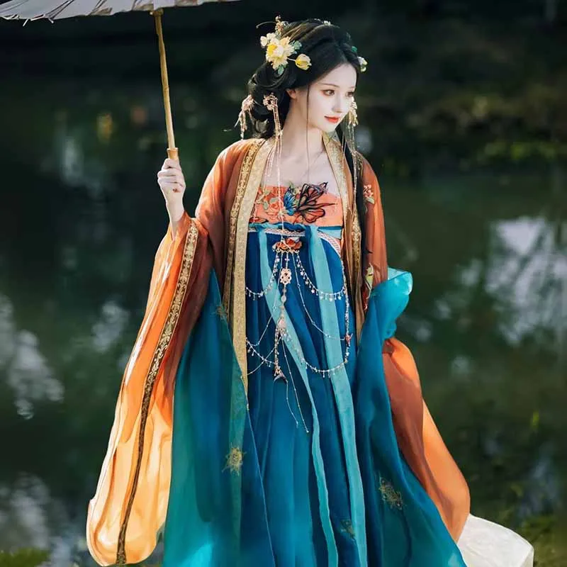 

Chinese Hanfu Dress For Women Traditional Embroidery Blue&Orange Hanfu Female Fairy Cosplay Costume Hanfu Dress Party Outfit