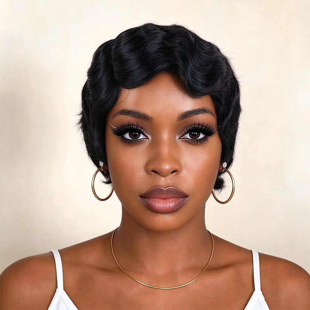 Short Curly Pixie Cut Human Hair Wig for Women, Natural Black Finger Wave Short Wig, Machine Made Wig Human Hair Wigs, Natural L