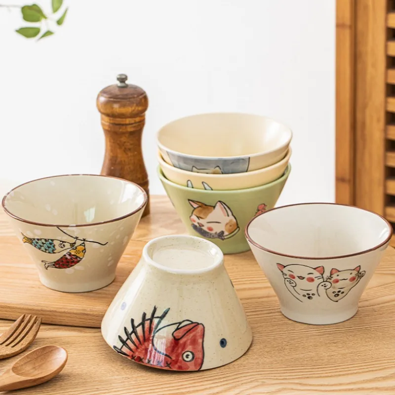 Japanese 350ml Cartoon Cat Ceramic Instant Rice Noodle Bowl hand-painted Soup Salad Bowl Dumpling Dinnerware Kitchen Tableware