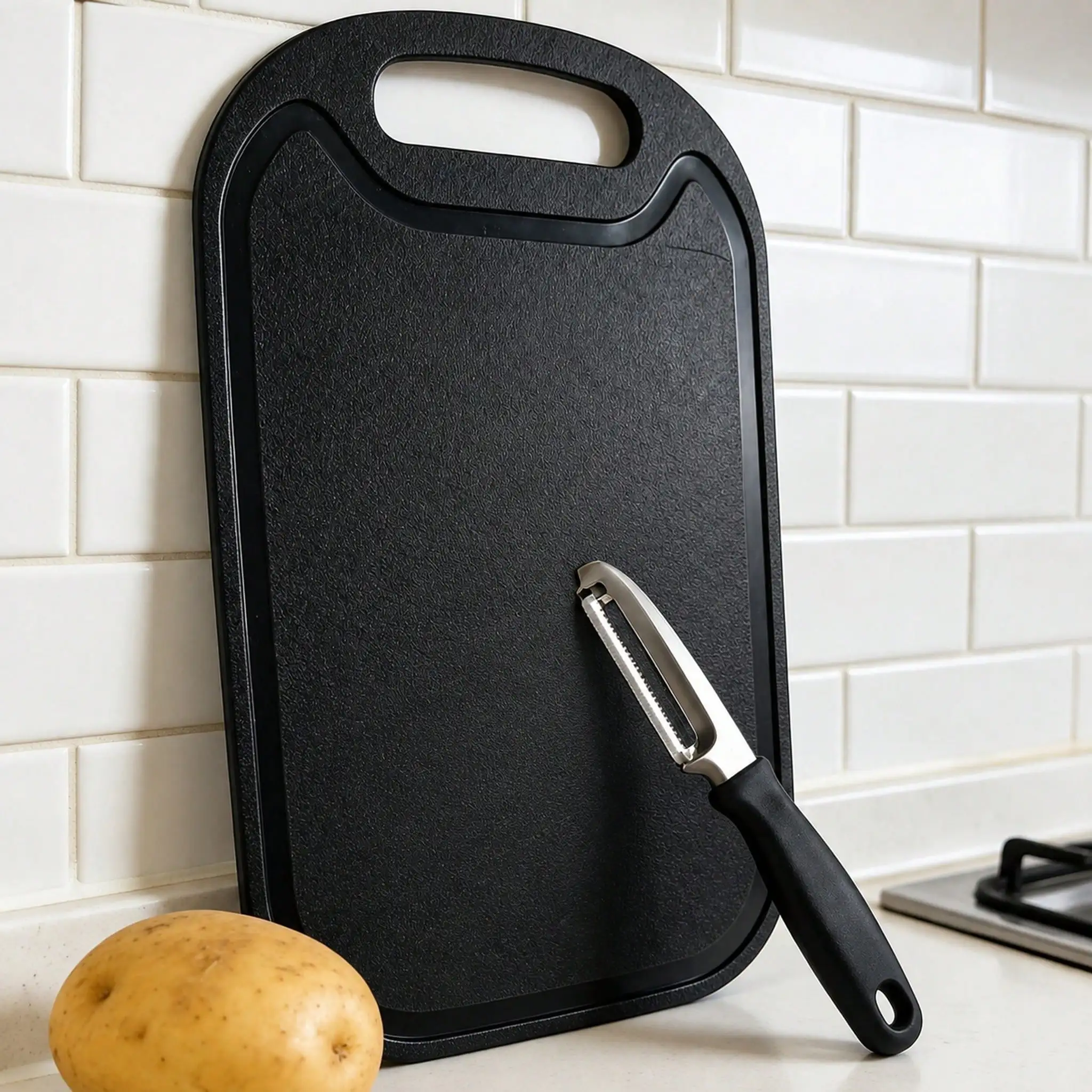 1pc Plastic Cutting Board, Cutting Board, Cutting Mat, Kitchen Supplies, Kitchen Accessories, Camping Gear, Cutting Tray, Suitable For Meat, Vegetables, Fruits, Black, Light Beige, Washable Plastic Kitchen Cutting Board sh260110201982428345507