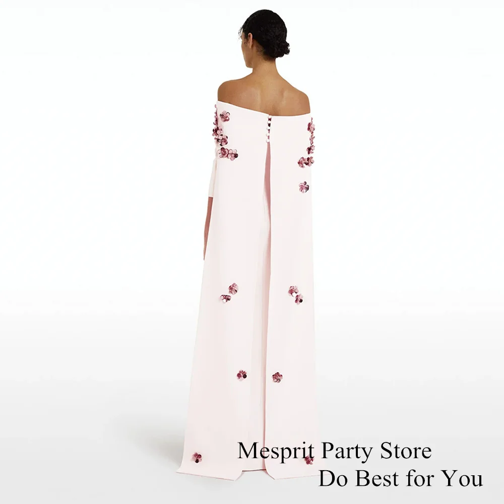 Customized Evening Dress Saud Arab Wedding Party Dresses Boat Neck Sequin Flowers Straight Prom Gown with Cape Robe De Soiree