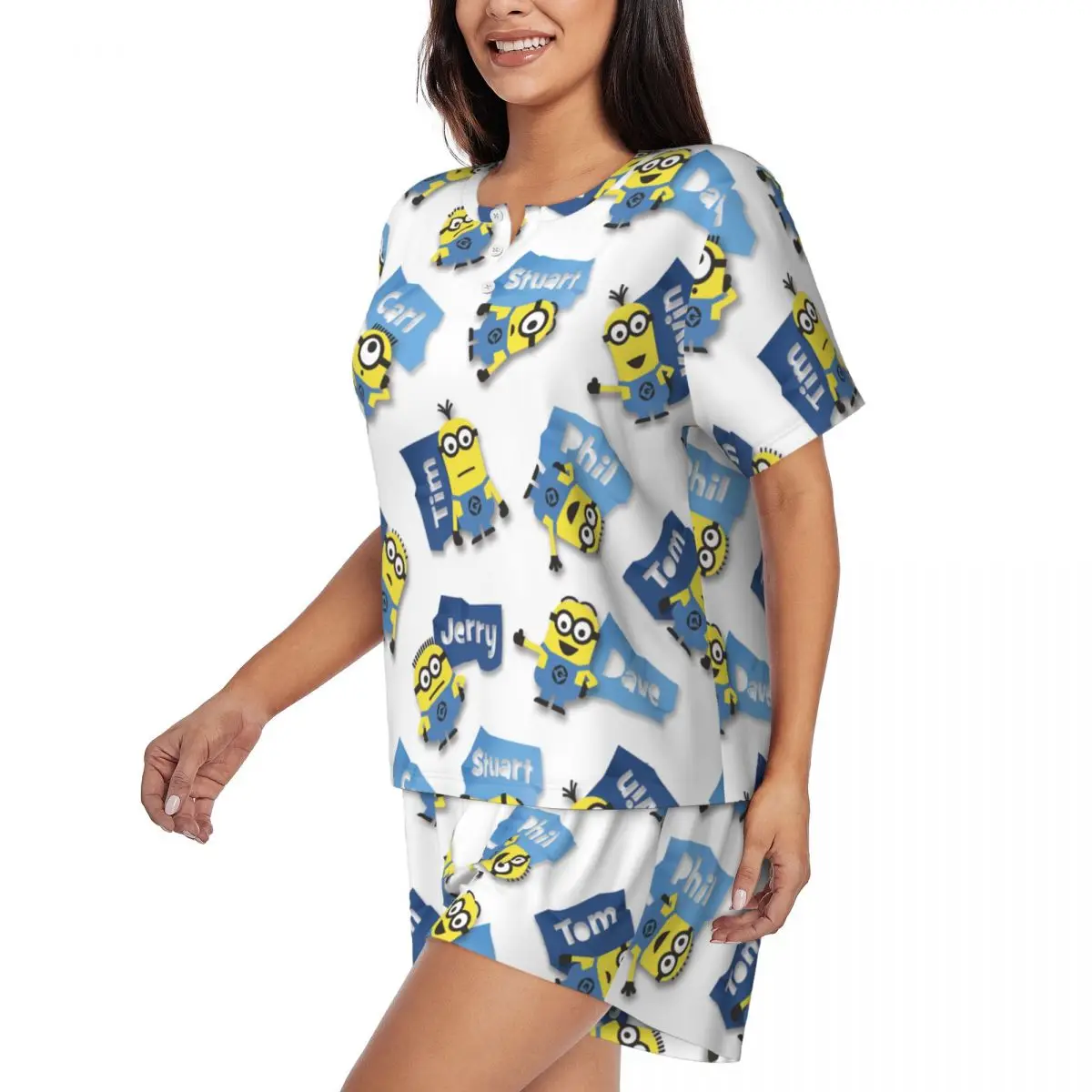 Custom Cartoon Animation Minions Pajamas Set Womens 2 Piece Short Sleeve Sleepwear Loungewear PJS Shorts Sets