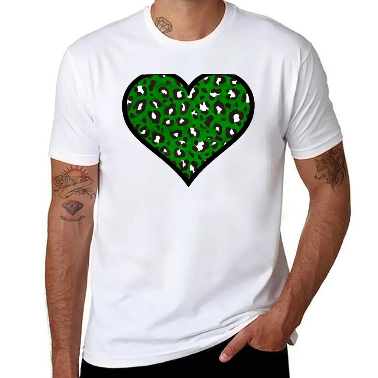 

Dark Green, Black and White Leopard Print Heart T-Shirt t shirt man luxury man t shirts cotton T-Shirt