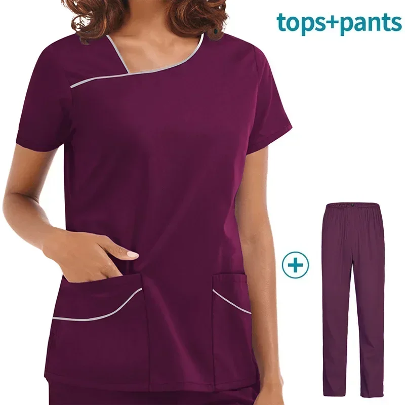 Women\'s Surgical Uniform Solid Color Short-Sleeved Top Pants for Nurses Workwear Fashion Scrubs Uniform Suit Nurse Accessories