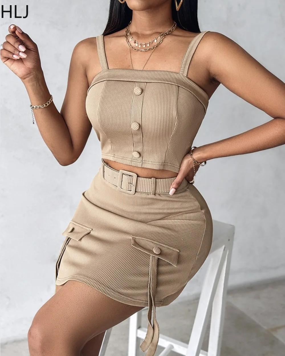 HLJ Fashion Women Ribbed Knit 2 Piece Skirt Set Spaghetti Strap Square Neck Crop Top + High Waist Skirt Streetwear Matching New