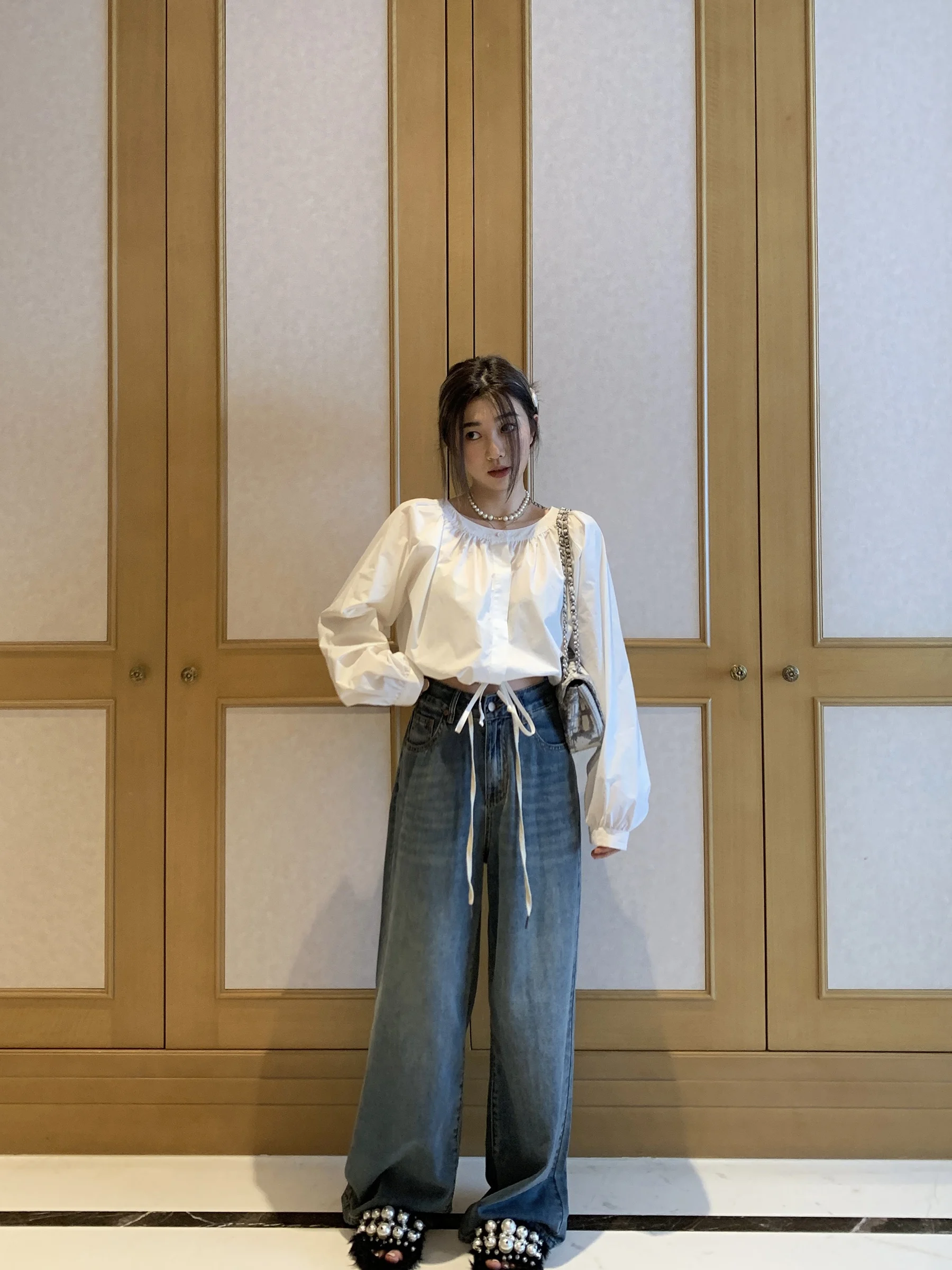 

Ele round Ne Women's irt Salt Or Sweet Sle Early Autumn High Faion Korean Version Long Sve Pure Color Commute ...