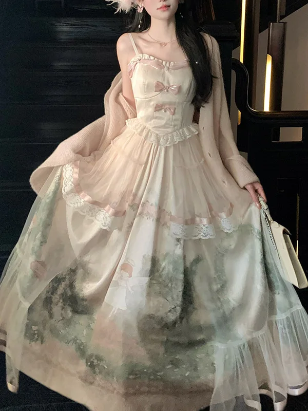 Tamanho grande feminino impressão gaze doce arco slash neck suspender vestido primavera outono cintura alta a linha festa princesa bolo vestidos