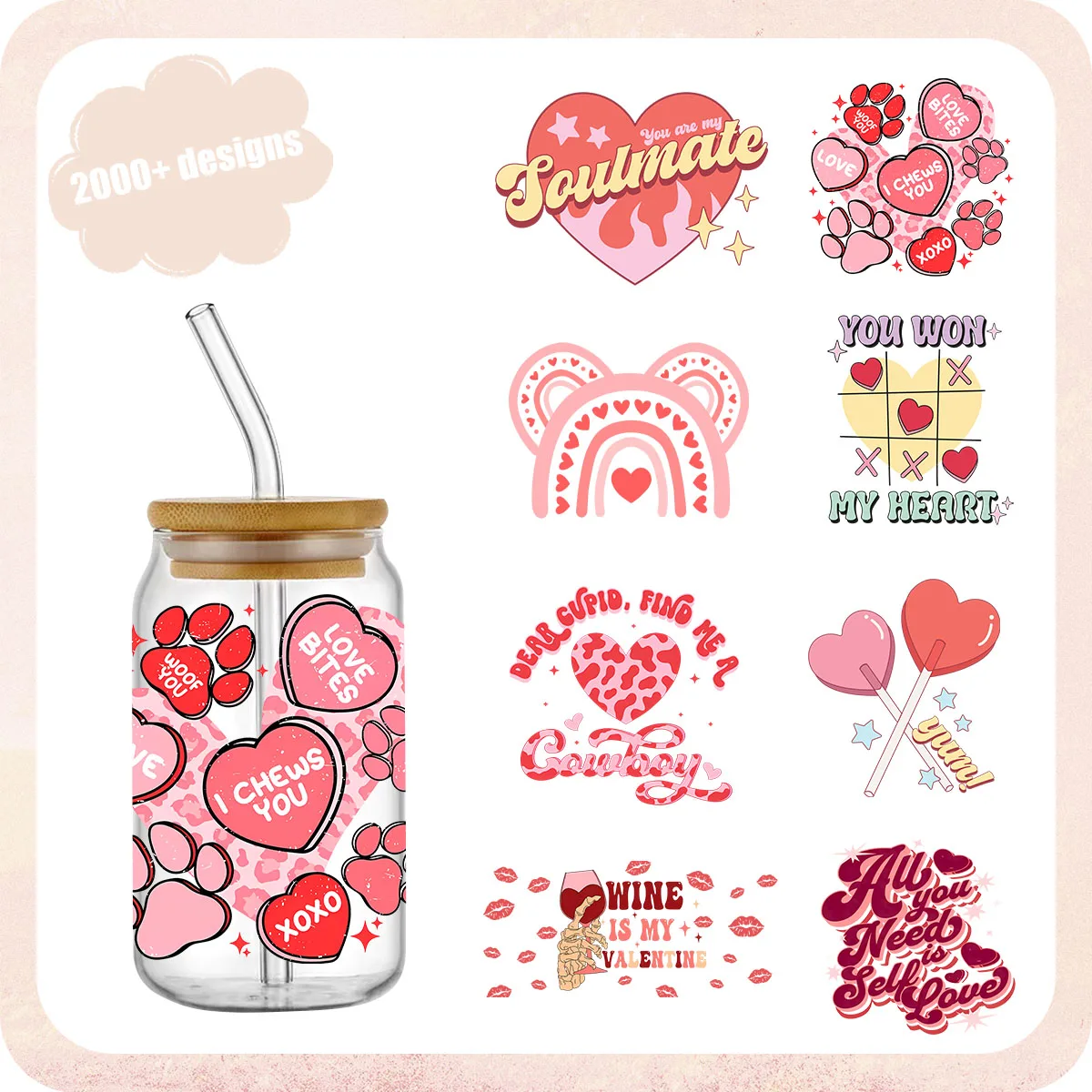 

Valentines Day Print 3D UV DTF Cup Wraps Transfers Stickers Labels Durable Waterproof Logo for 16oz Glass Cup Bottles Wrap