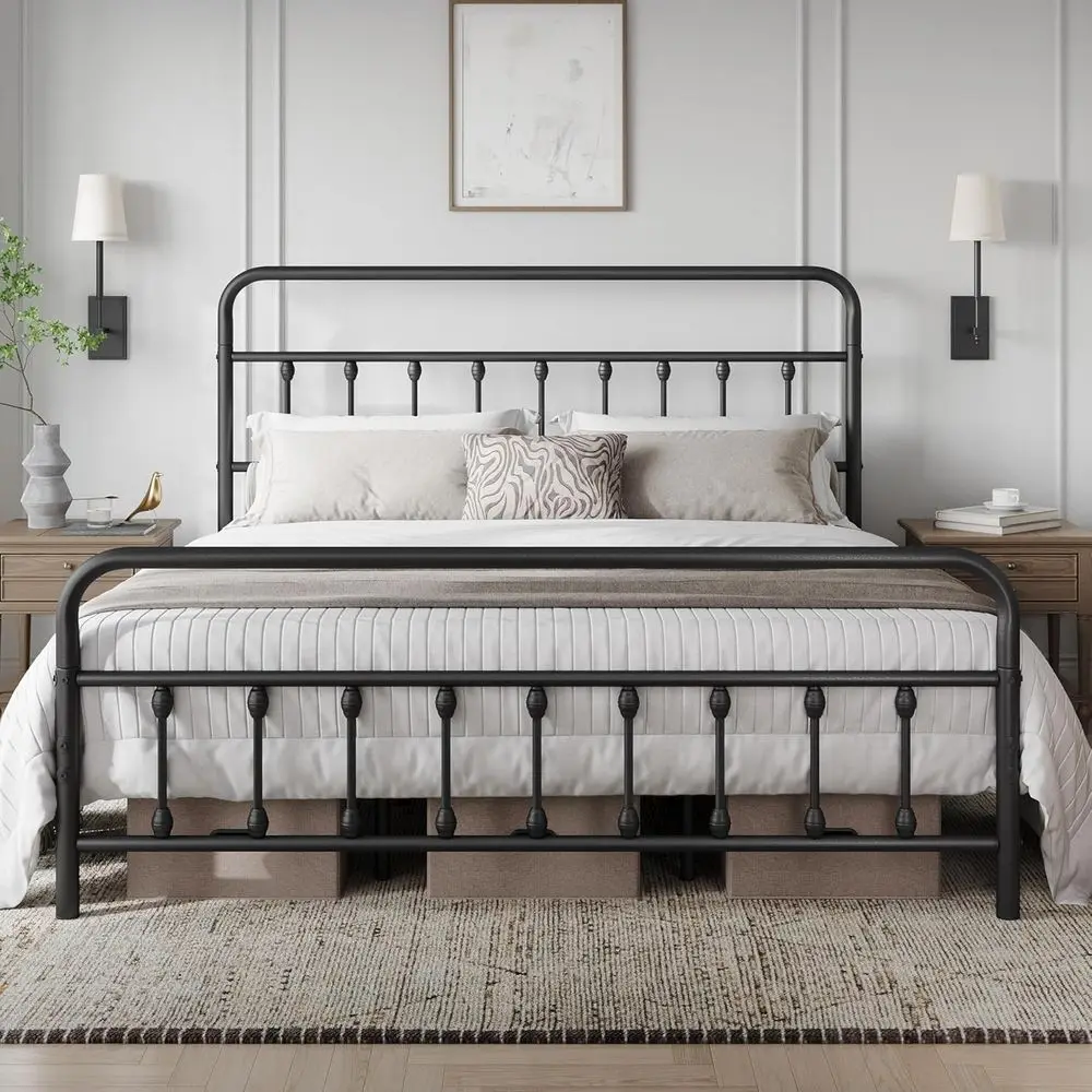 

Elegant Iron Art King-Size Metal Platform Bed with Storage and No Box Spring Needed