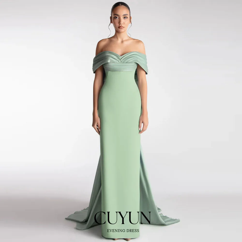 CUYUN オフショルダー ライトグリーン イブニングドレス リボンバック カスタムメイド レディース フォーマル イベントドレス ウェディングパーティードレス ゲスト用