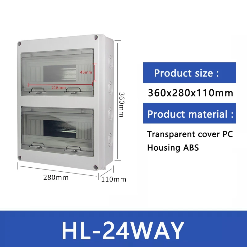 

24-позиционная распределительная коробка для домашнего использования из материала ABS, размером 360x280x110 мм и водонепроницаемым рейтингом IP65