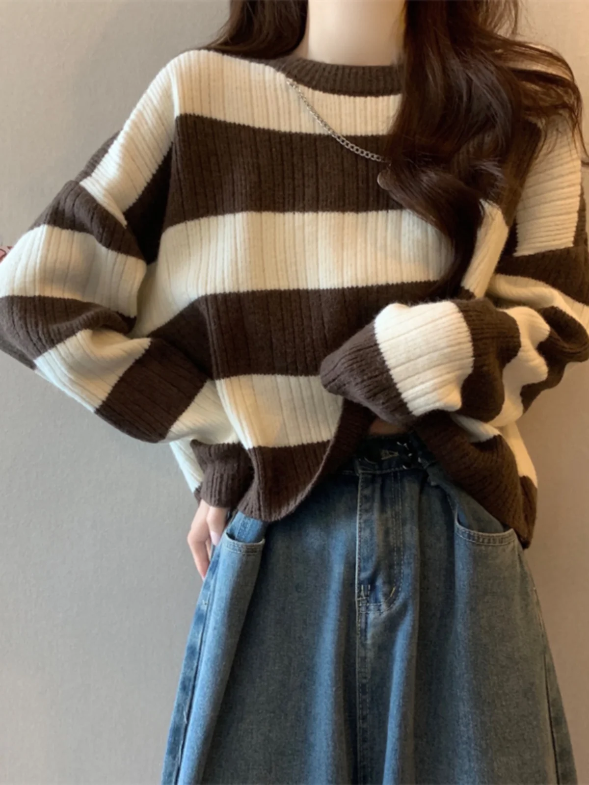 

Women's Stripe Knitwear Loose Fit round Ne Lazy Sle ort Top Spring Autumn 2025 New Arrival plus Size Warmth Heating