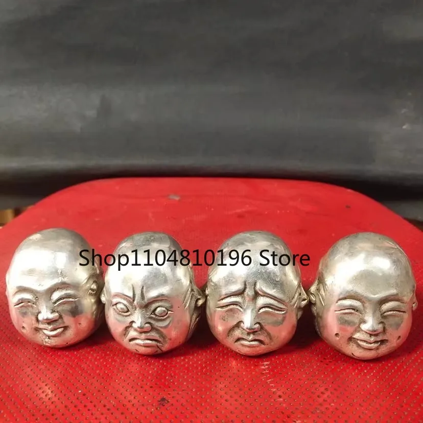 1pc Copper Statue Chinese Tibet Silver Carved Joy, Anger, Sorrow, and Happiness Four-faced Maitreya Buddha Figurine