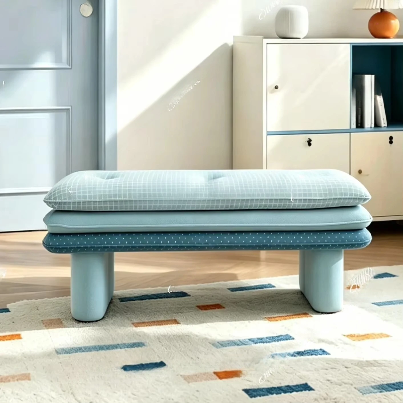 Side Office Dopamine Three-layer Soft Bag Bench Blue Polka Dot Lattice Bedside Bench Bedroom Cream Wind Shoe Changing