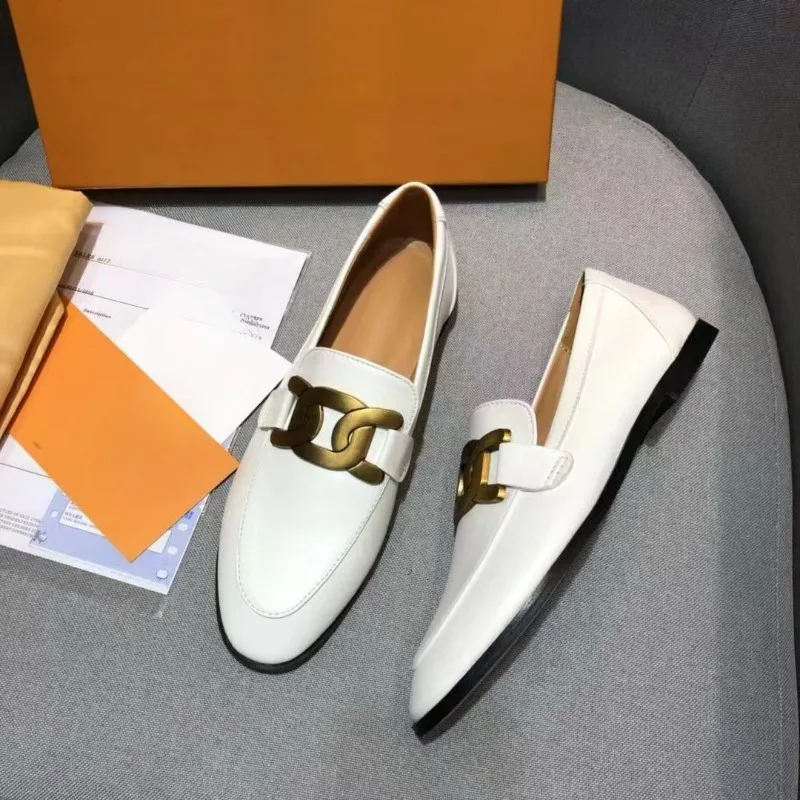 2024 New High Quality Luxury Flat Loafers Metal Buckle Round Head Half Drag Comfortable Retro British Style Women's Shoes