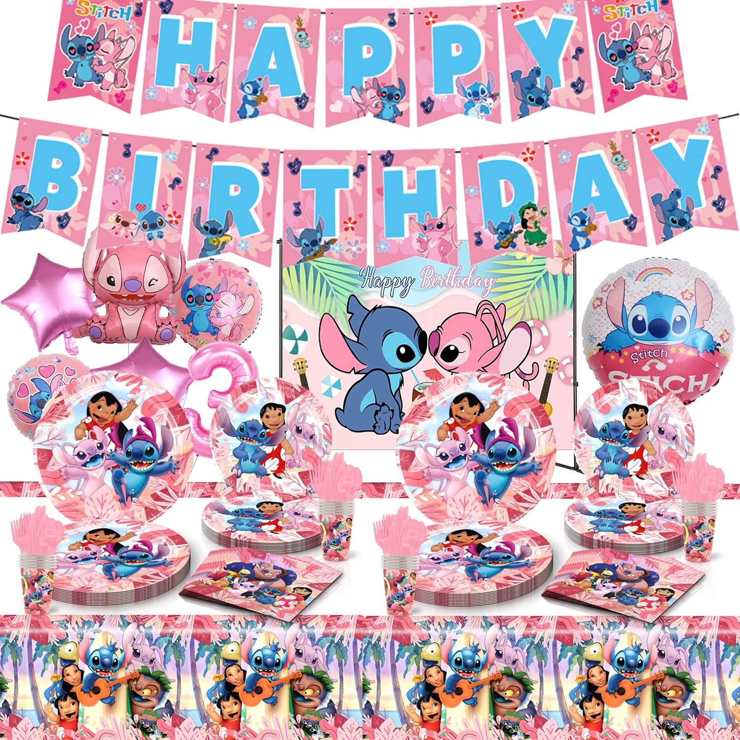 Disney Pink Lilo & Stitch Birthday Party Decorations Paper Party Tableware Cups Star Baby Balloon For Baby Shower Party Supplies