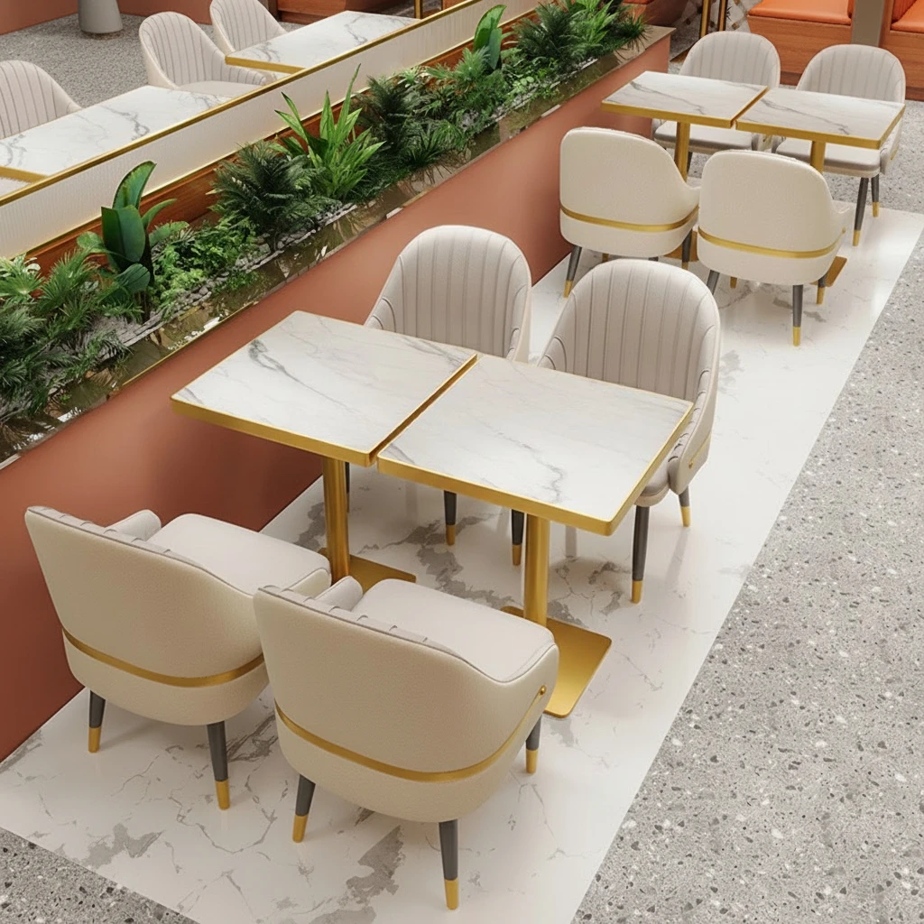 Luxury restaurant furniture set, commercial restaurant gold frame metal tables and chairs and wooden booth sofas