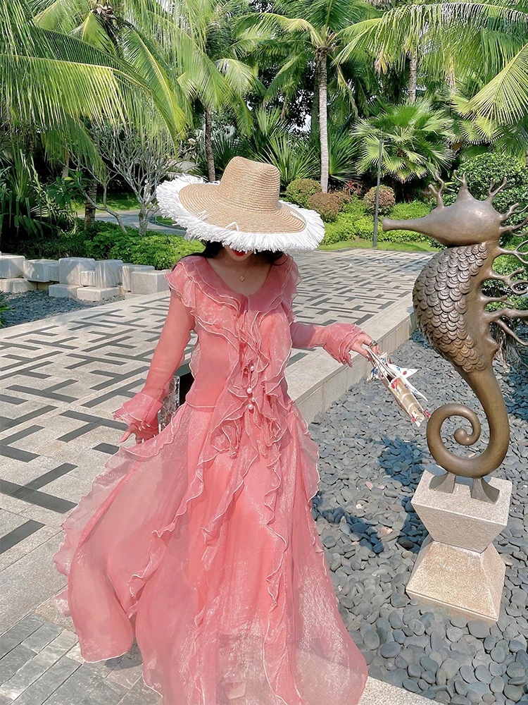 

Элитный комплект ReVe: топ-кардиган и юбка из шелкового тифта в цвете «арбузный розовый» с кружевной отделкой