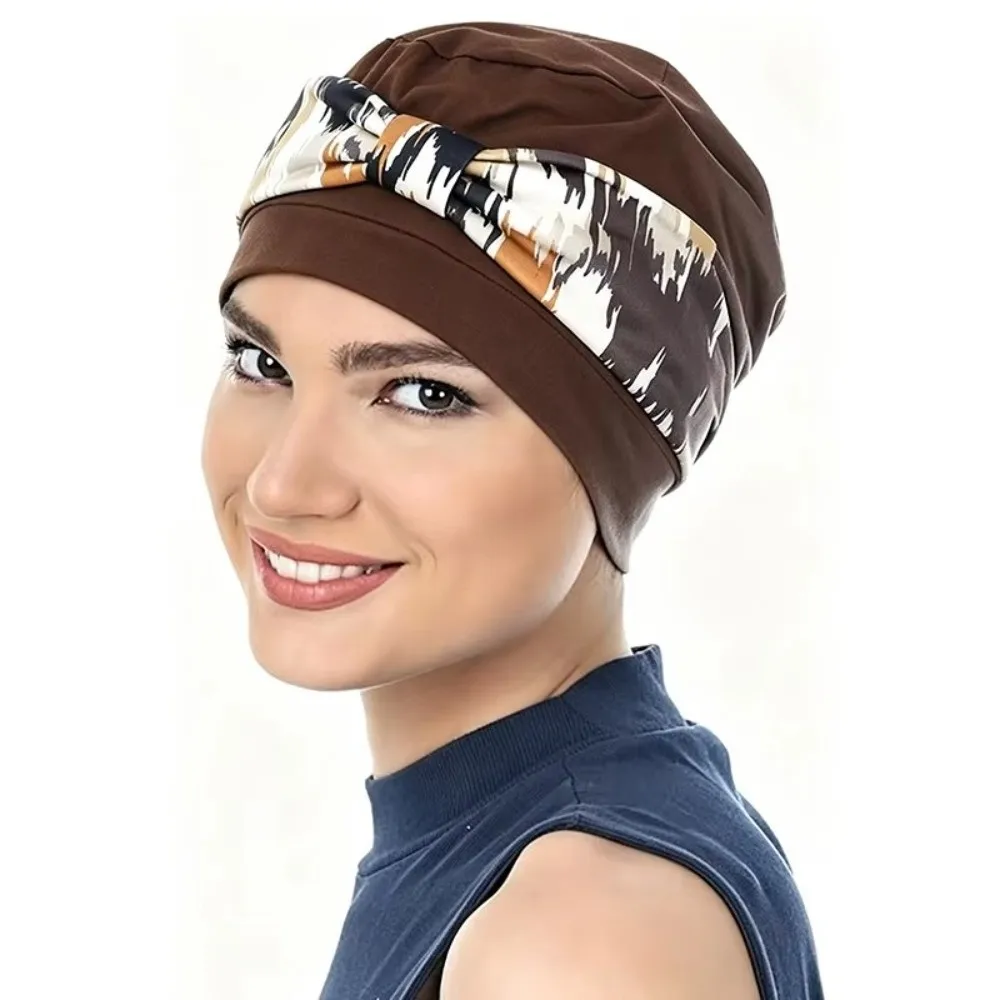 Soft Elastic Pre-Tied Turban Hat Solid Base Pre-Tied Bow Chemo Cap Lightweight Floral Print Head Wrap Beanie Fashion Accessory