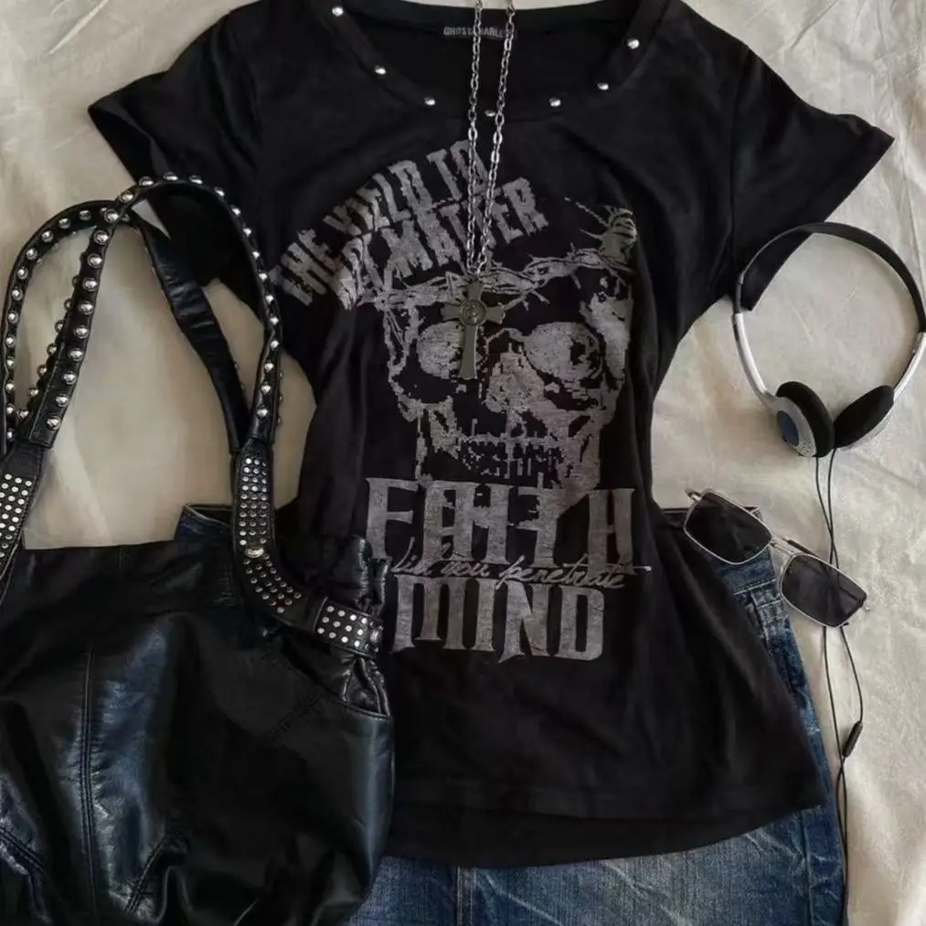 2000s خمر Y2k المحاصيل القمم المرأة قصيرة الأكمام سليم مطبوعة تيز ثقافة فرعية Harajuku الملابس الكورية الشرير القوطية تي شيرت أبلى