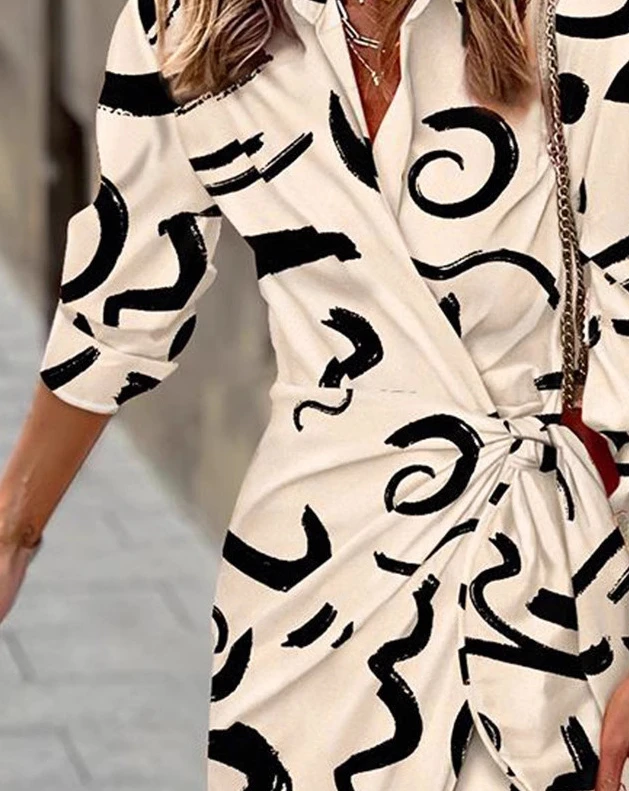 Damen-Hemdkleid mit abstraktem Druck, langärmelig, gebundenes Detail, hohe Taille, langes Sommerkleid, lässiges Modekleid