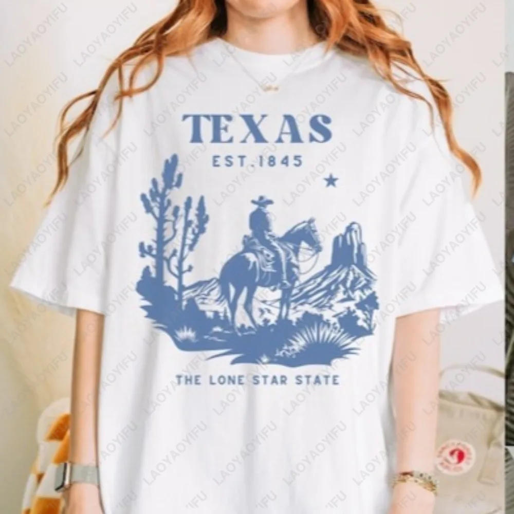 

Texas Cowboy Desert Graphic T-Shirt Women Vintage Western Casual Crew Neck Short Sleeve Cotton Top The Lone Star State Est 1845