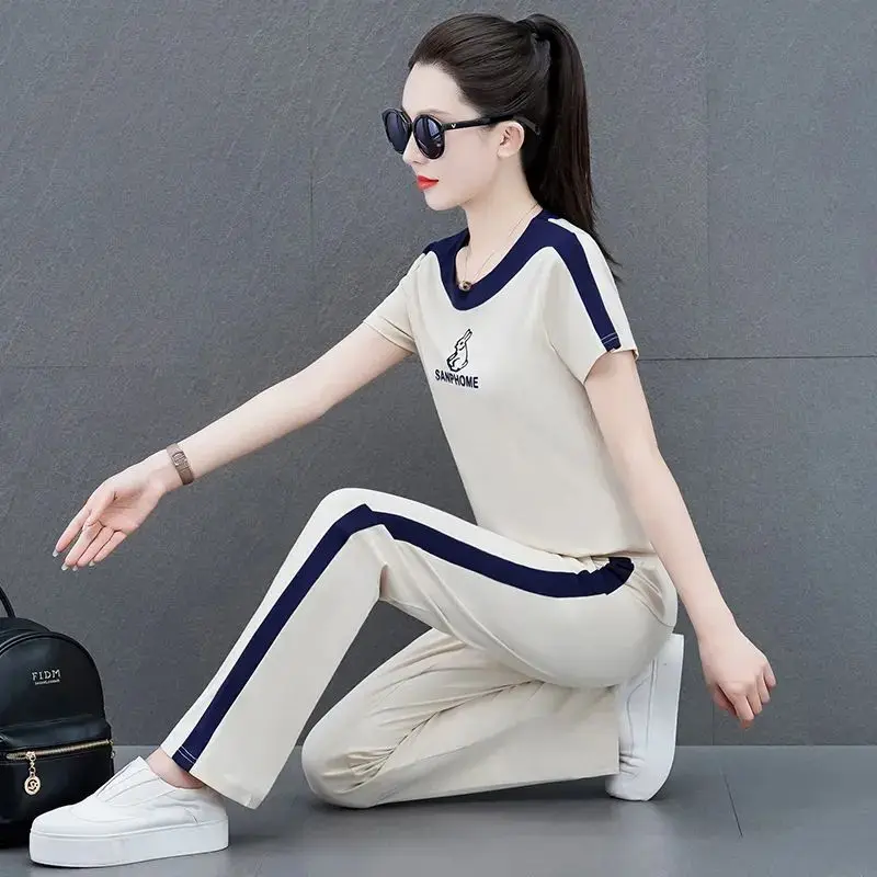 Women's Short Sleeve Sportswear Suit 2024 Summer New Clothes Round Neck Casual Outdoor Running Tops Wide Leg Pants Two Piece Set