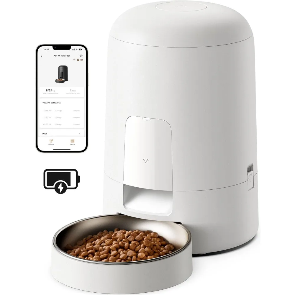 

Automatic Cat Feeder, Wi-Fi Rechargeable Cat Food Dispenser Battery-Operated with 30-Day Life, AIR 2.4G Wi-Fi Timed White