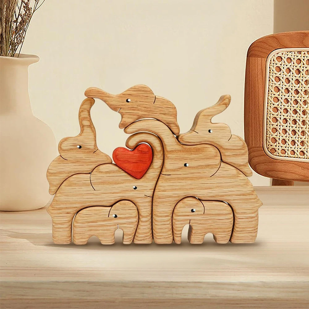 Free Engraving Elephant  Family Wooden Puzzle Mother's Day Birthday Gift Personalized Name Sculpture Hebrew customization Decor