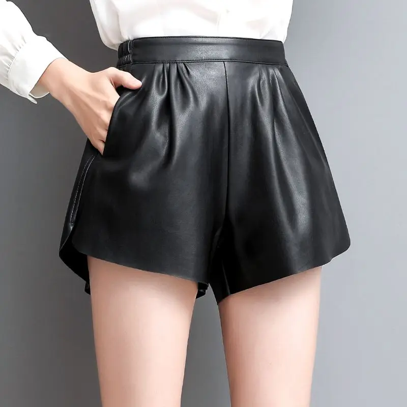 

New High Waist Zipper Shorts Wide Leg Leather Autumn Winter Korean Loose Street Sexy Women T775