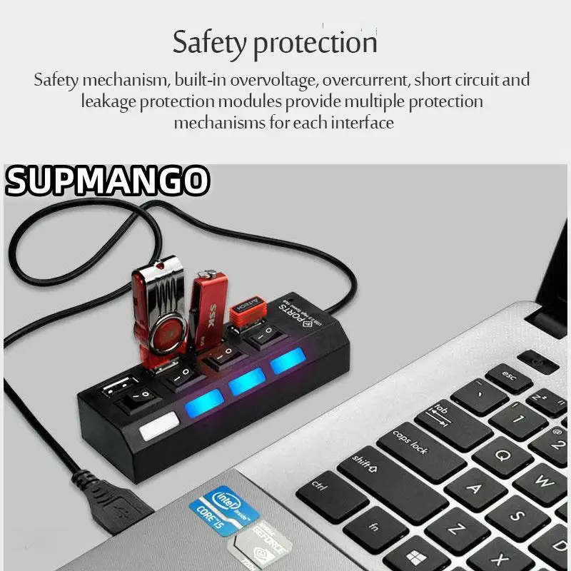 USB 2.0 Hub Multi USB Splitter Hub Use Power Adapter 4Port Multiple Expander USB Hub With Switch 30CM Cable