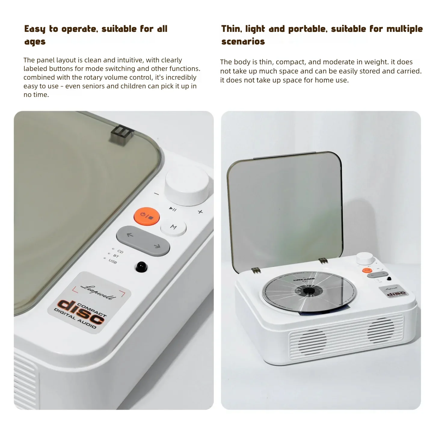 

Stylish Desktop CD Player with Dustproof Flip Cover Bidirectional Bluetooth 5.1 Hi-Fi Sound USB Playback Wireless Remote Control