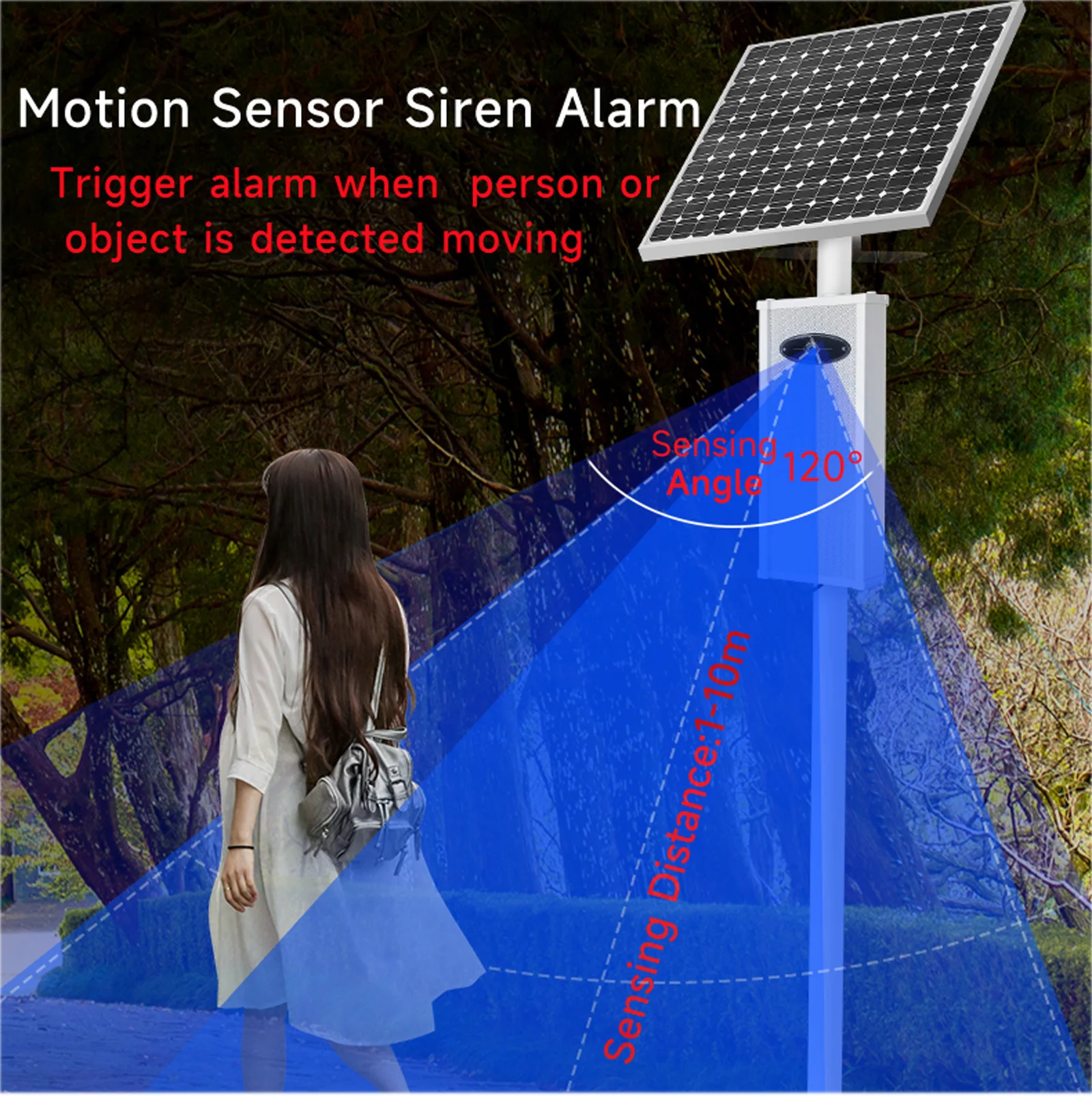 Outdoor Solar Motion Sensor Siren 120dB Horn 9 Tones Motion Detector Alarm with Remote Control SLA-YZ-WS