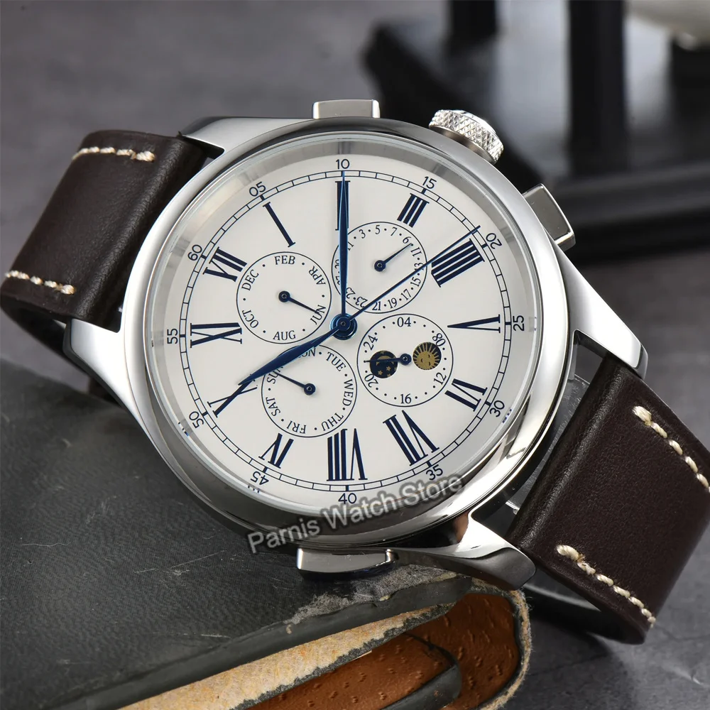 Parnis 45 mm witte wijzerplaat blauwe markeringen herenhorloge automatische mechanische kalender lederen bandhorloges - afbeelding 2