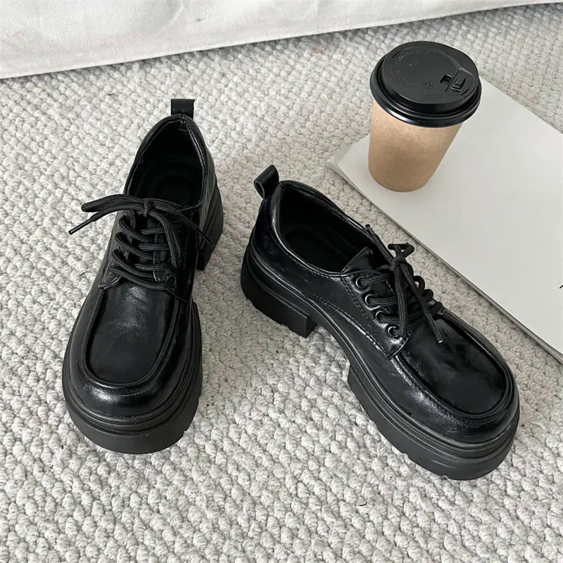 Patent PU Leather Platform Loafers Women Preppy Style Lace Up Oxford Shoes Woman Retro Black Brown Thick Bottom Y2K Lolita shoes